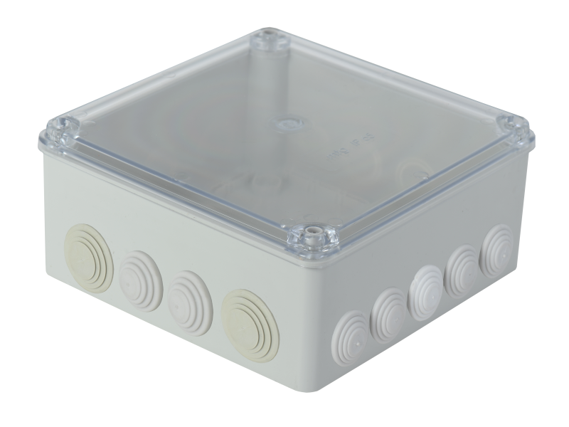 RAZVODNA OG KUTIJA SA 16 UVODNICA I VIJCIMA  210X210X100 IP55 SIVA  TRANSPARENTNA