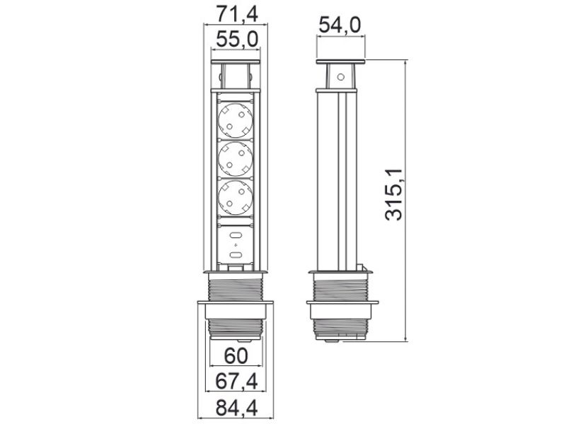 UTICNICA ZA IZVLACENJE ZA RADNI STO FI60 3xŠUKO+2X PUNJAC 5V/2,1A SIVA GTV AE-BPW3S60U-80