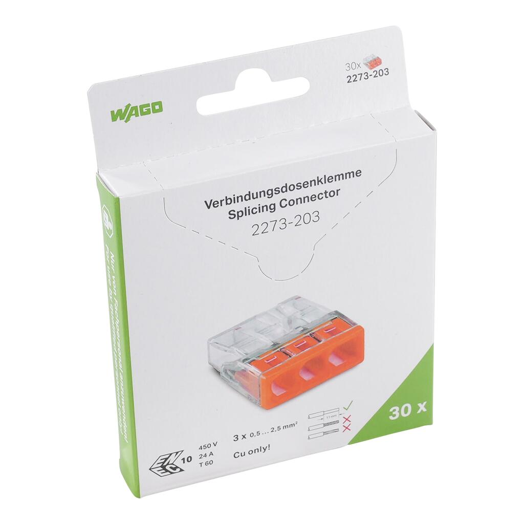 WAGO 2273-203/995-030  KLEMA 3x0,5-2,5mm 450V/4kV/2 24A NARANDŽASTA