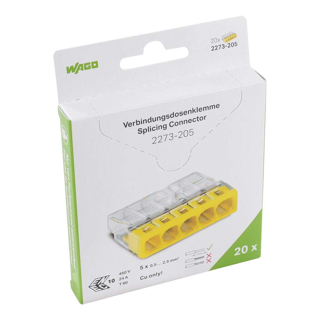 WAGO 2273-205/995-020  KLEMA 5x0,5-2,5mm 450V/4kV/2 24A ŽUTA